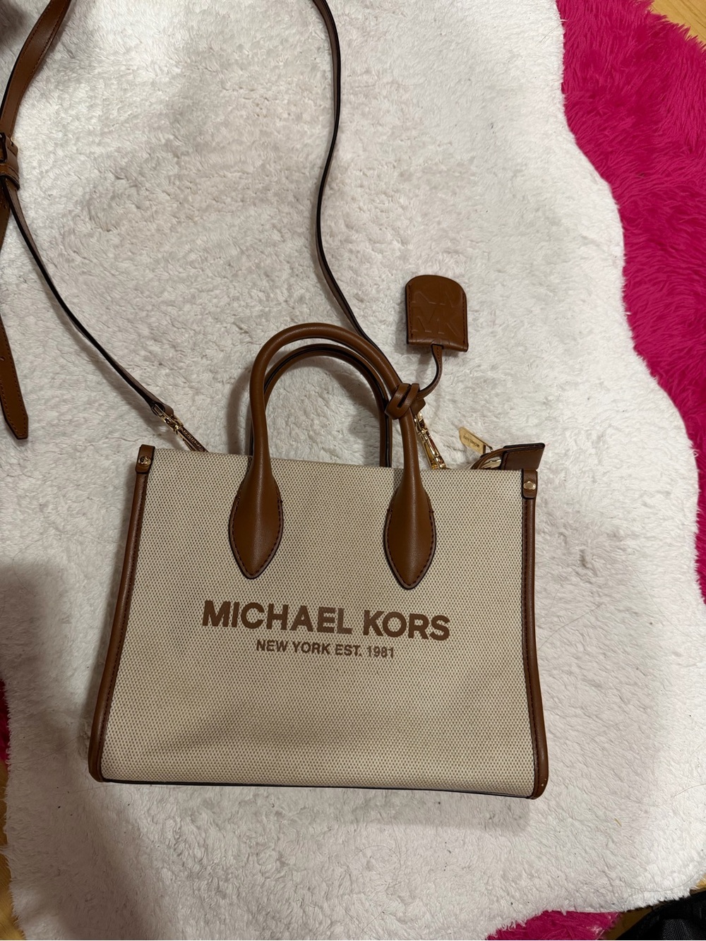 Michael Kors Beige Canvas with Brown Leather Trim Satchel Tote